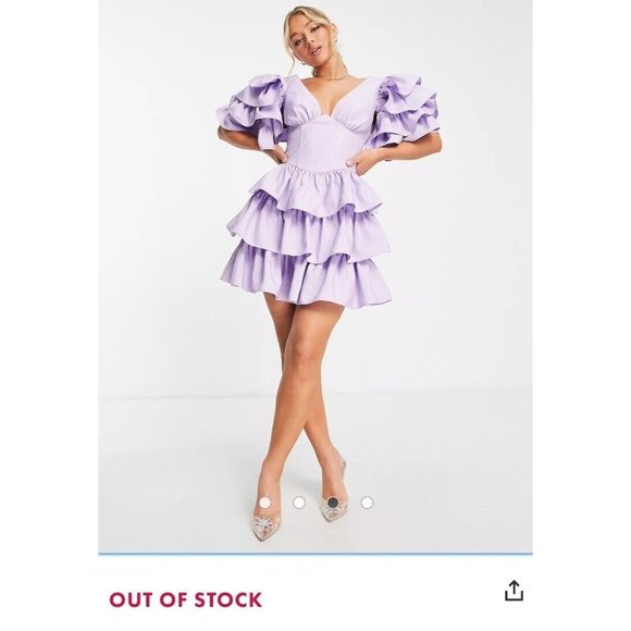 DONT BUY!ASOS LUXE dress S 8 lilac bubble hem ruffle puff sleeve tiered - Picture 3 of 8